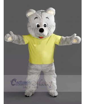 Grey Bear in Yellow T-shirt Mascot Costume For Adults Mascot Heads