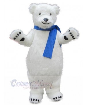 Docile Polar Bear with Blue Scarf Mascot Costume Animal