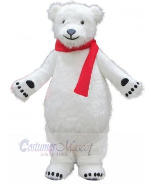 Docile Polar Bear with Red Scarf Mascot Costume Animal