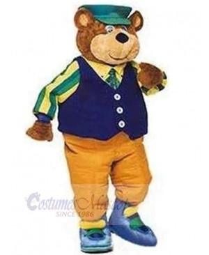Adult Bear in Blue Vest Mascot Costume Animal