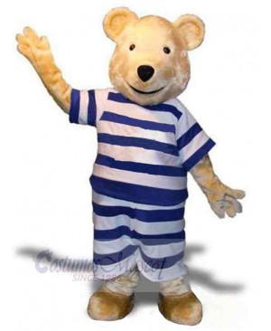 Bear Dressed in Blue and White Striped Clothes Mascot Costume Animal